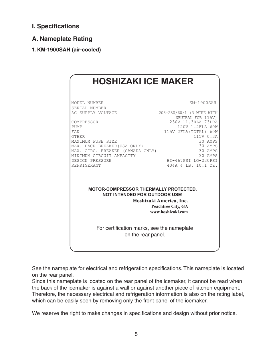 I. specifications, A. nameplate rating, Km-1900sah (air-cooled) | Hoshizaki ice maker, I. specifications a. nameplate rating | Hoshizaki KM-1900SAH/3 User Manual | Page 5 / 38