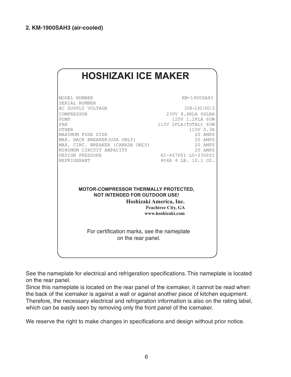 Km-1900sah3 (air-cooled), Hoshizaki ice maker | Hoshizaki KM-1900SAH/3 User Manual | Page 6 / 38