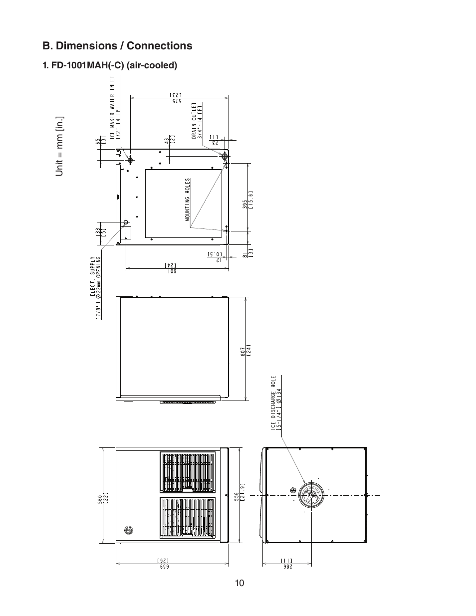 B. dimensions / connections, Fd-1001mah(-c) (air-cooled) | Hoshizaki FD-1001MRH(-C) User Manual | Page 10 / 44