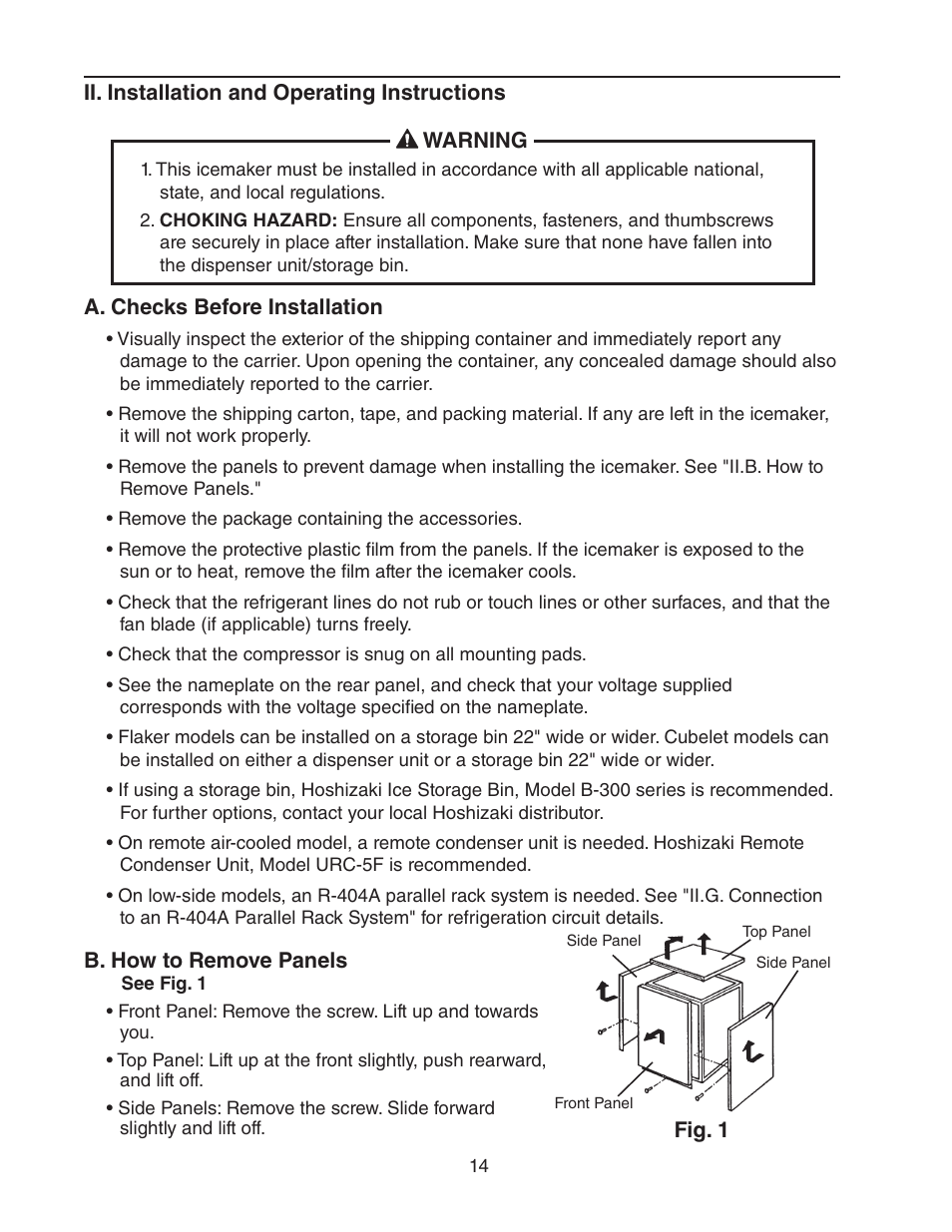 Ii. installation and operating instructions, A. checks before installation, B. how to remove panels | Hoshizaki FD-1001MRH(-C) User Manual | Page 14 / 44