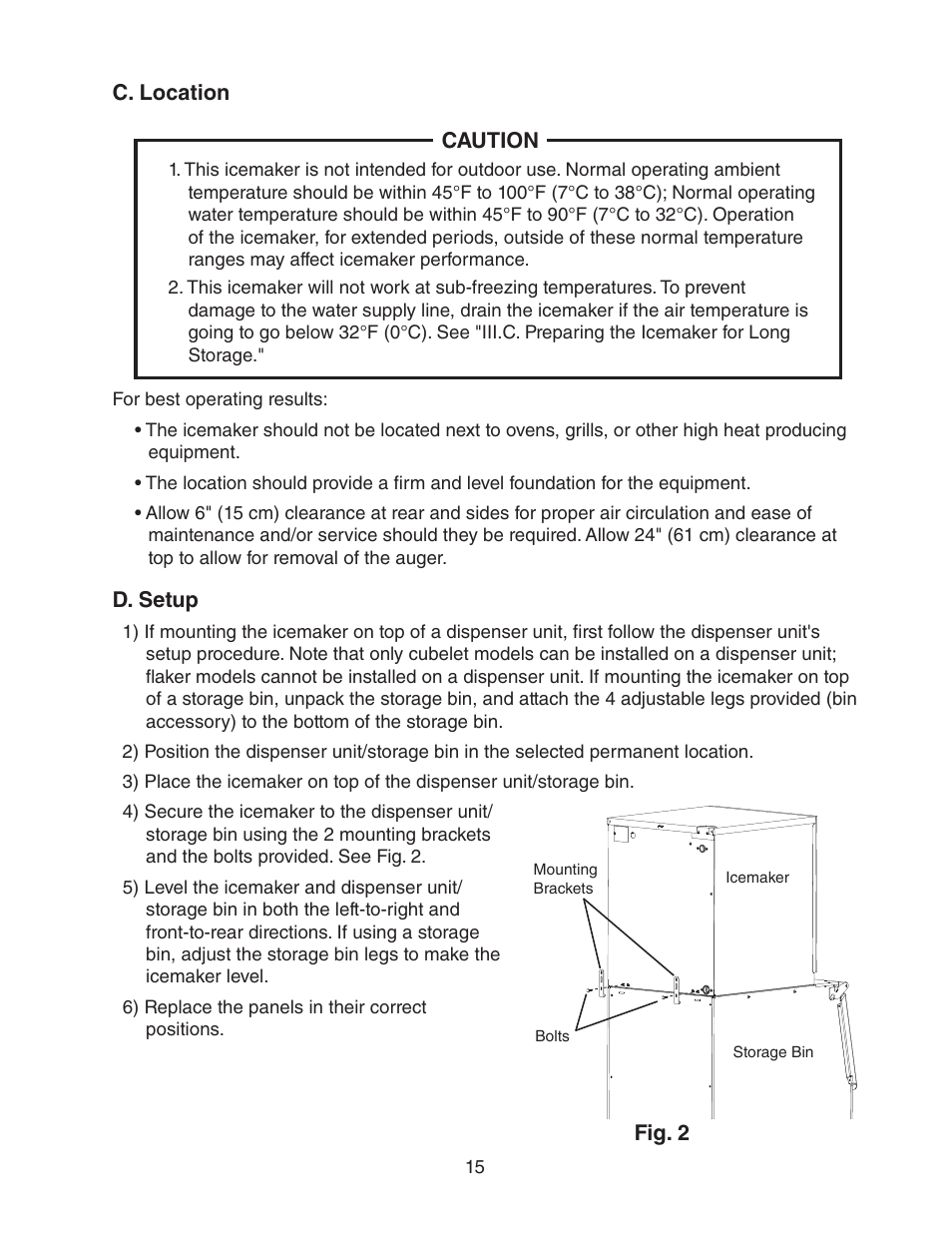 C. location, D. setup, C. location d. setup | Hoshizaki FD-1001MRH(-C) User Manual | Page 15 / 44