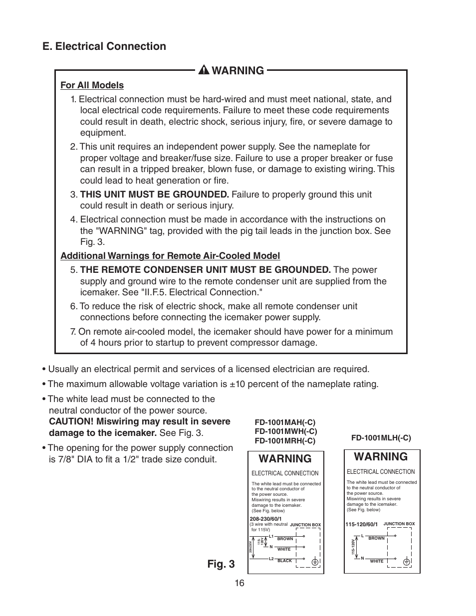 E. electrical connection, Warning, E. electrical connection warning | Fig. 3 | Hoshizaki FD-1001MRH(-C) User Manual | Page 16 / 44