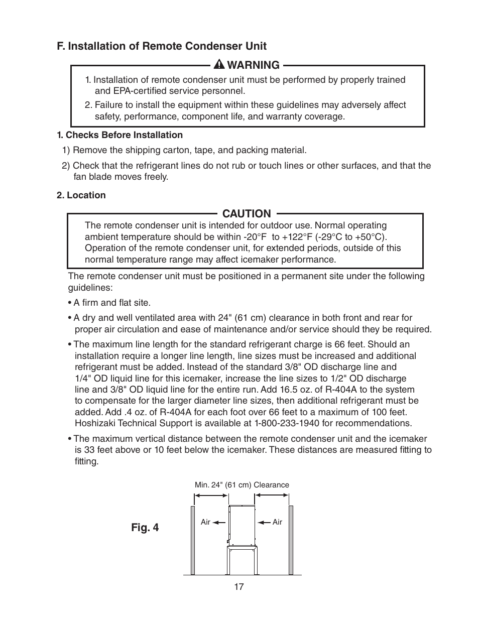 F. installation of remote condenser unit, Checks before installation, Location | Checks before installation 2. location | Hoshizaki FD-1001MRH(-C) User Manual | Page 17 / 44