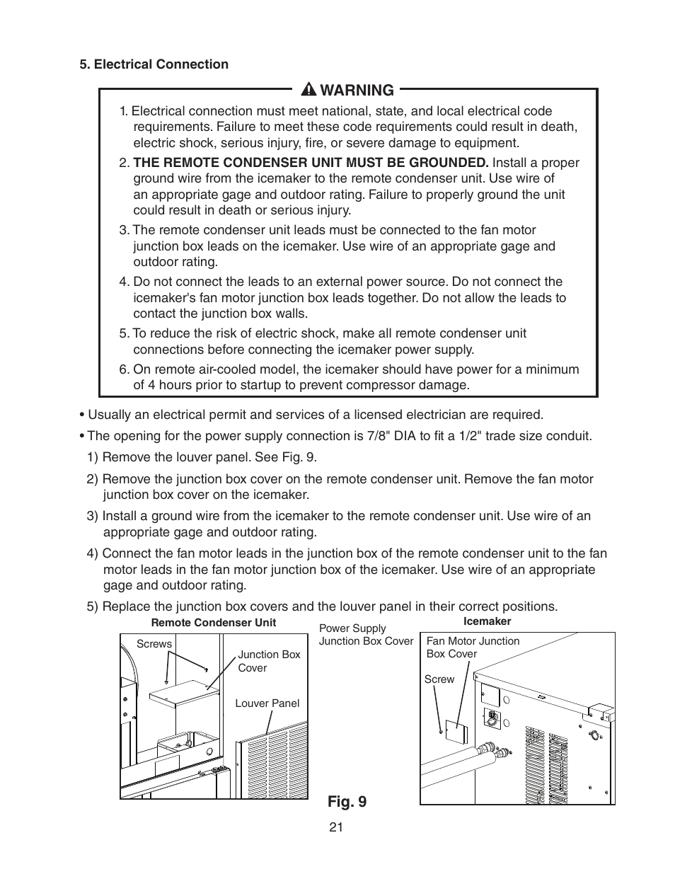 Electrical connection, Warning, Fig. 9 | Hoshizaki FD-1001MRH(-C) User Manual | Page 21 / 44