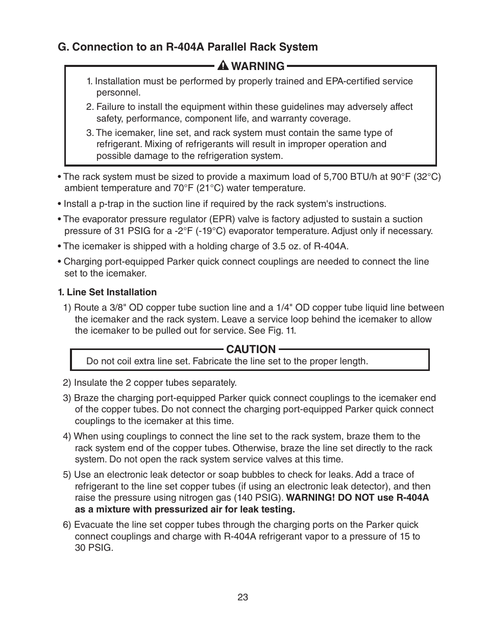 G. connection to an r-404a parallel rack system, Line set installation | Hoshizaki FD-1001MRH(-C) User Manual | Page 23 / 44