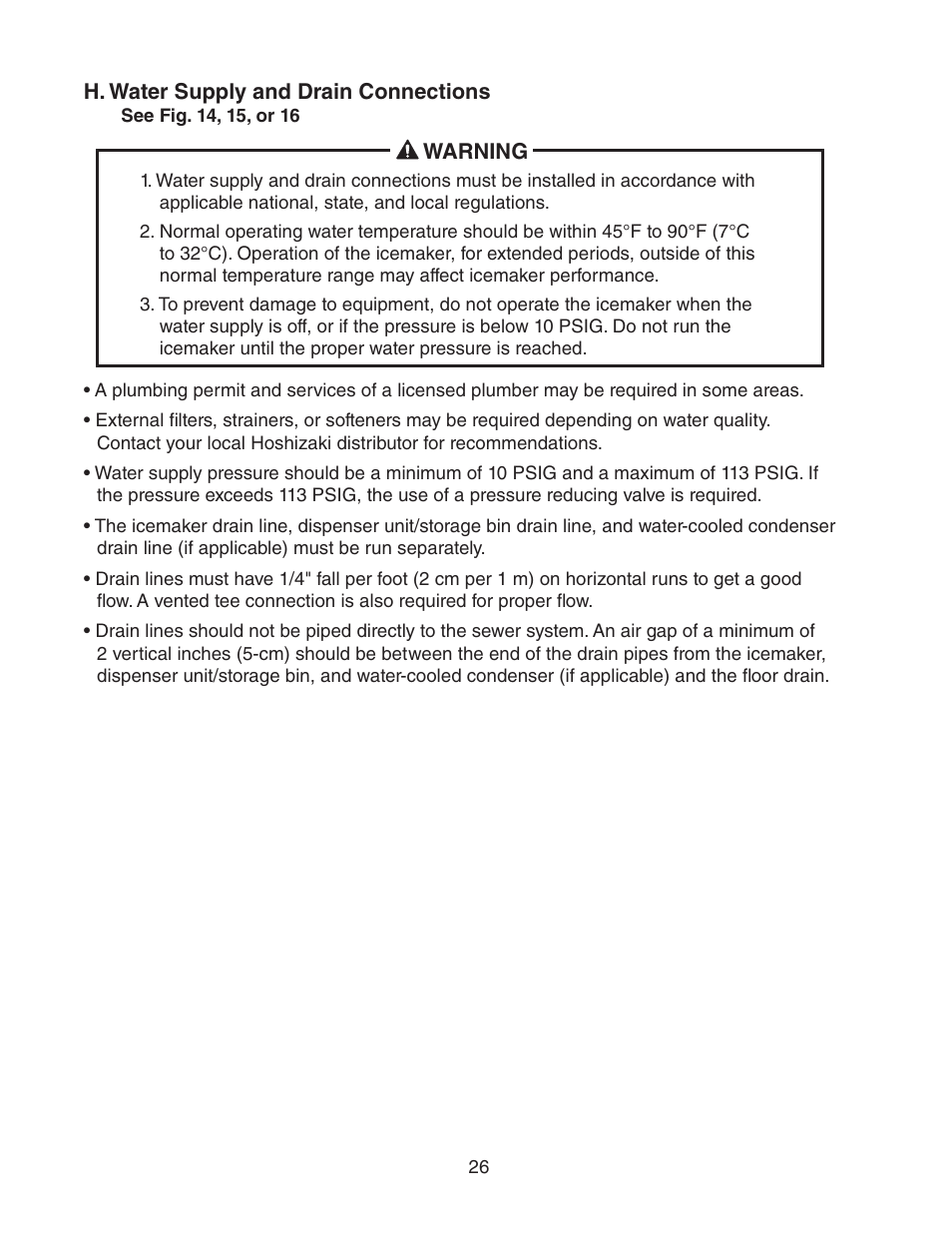 H. water supply and drain connections | Hoshizaki FD-1001MRH(-C) User Manual | Page 26 / 44