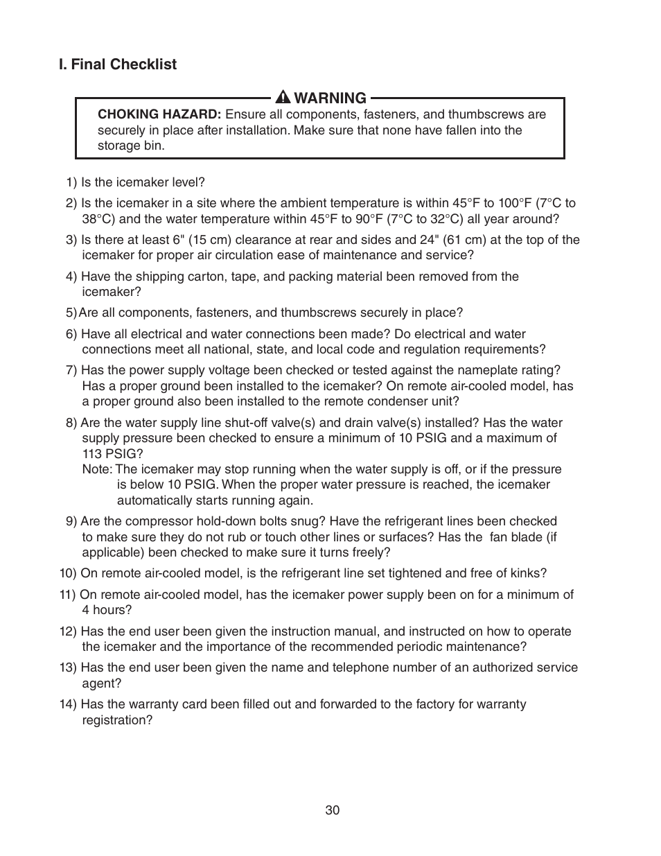 I. final checklist | Hoshizaki FD-1001MRH(-C) User Manual | Page 30 / 44