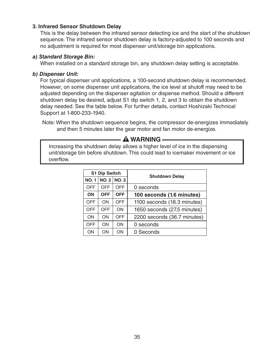 Infrared sensor shutdown delay, Warning | Hoshizaki FD-1001MRH(-C) User Manual | Page 35 / 44