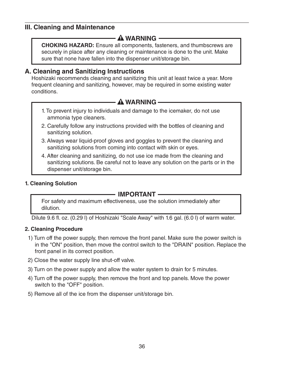 Iii. cleaning and maintenance, A. cleaning and sanitizing instructions, Cleaning solution | Cleaning procedure, Cleaning solution 2. cleaning procedure | Hoshizaki FD-1001MRH(-C) User Manual | Page 36 / 44