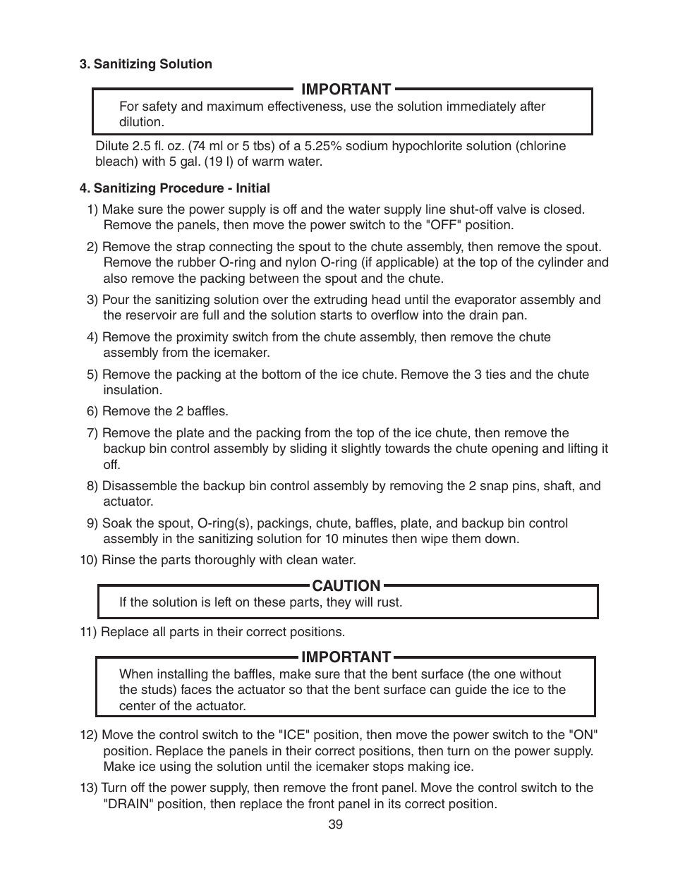 Sanitizing solution, Sanitizing procedure - initial | Hoshizaki FD-1001MRH(-C) User Manual | Page 39 / 44