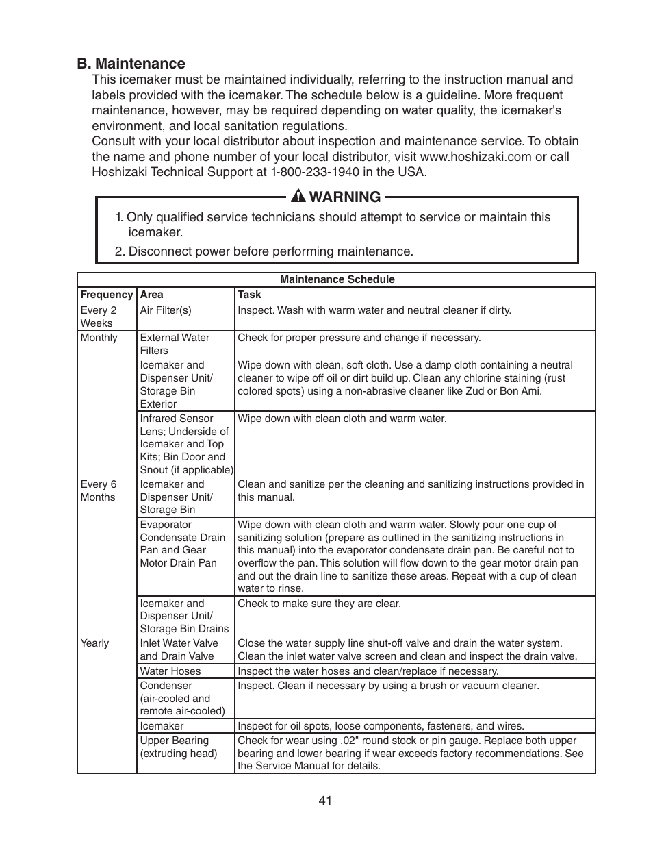 B. maintenance, Warning | Hoshizaki FD-1001MRH(-C) User Manual | Page 41 / 44