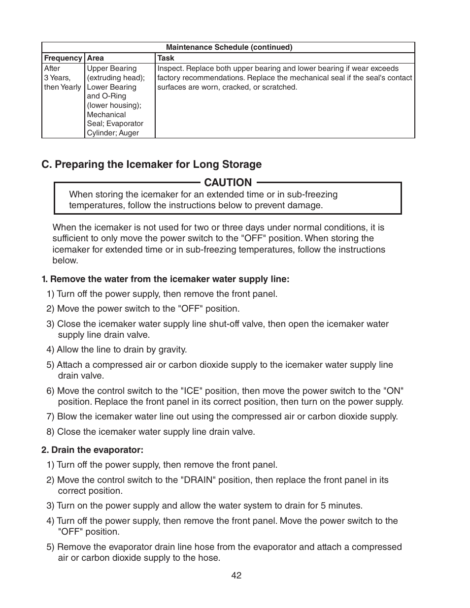 C. preparing the icemaker for long storage, C. preparing the icemaker for long storage caution | Hoshizaki FD-1001MRH(-C) User Manual | Page 42 / 44