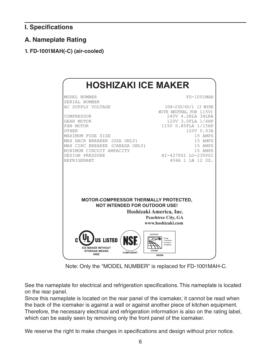 I. specifications, A. nameplate rating, Fd-1001mah(-c) (air-cooled) | Hoshizaki ice maker, I. specifications a. nameplate rating | Hoshizaki FD-1001MRH(-C) User Manual | Page 6 / 44