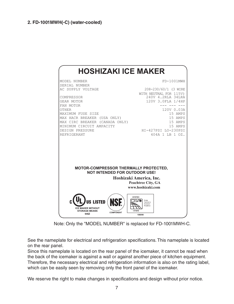 Fd-1001mwh(-c) (water-cooled), Hoshizaki ice maker | Hoshizaki FD-1001MRH(-C) User Manual | Page 7 / 44