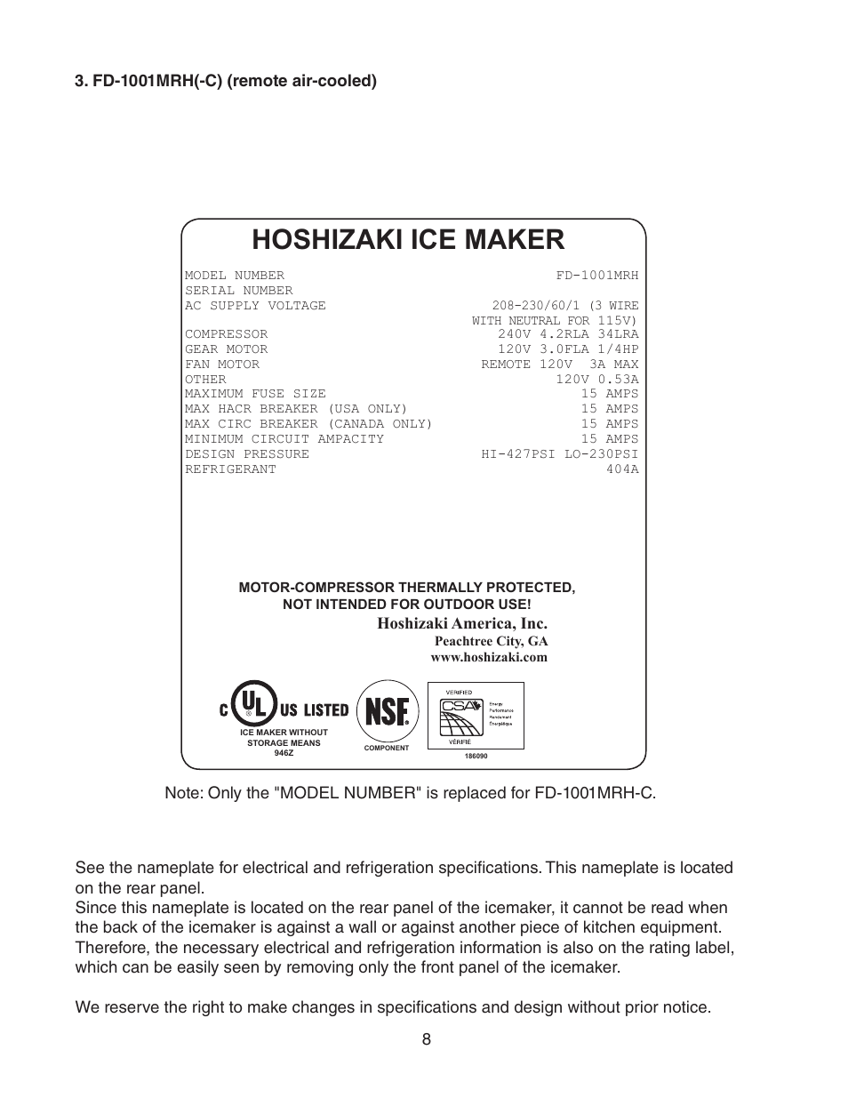 Fd-1001mrh(-c) (remote air-cooled), Hoshizaki ice maker | Hoshizaki FD-1001MRH(-C) User Manual | Page 8 / 44