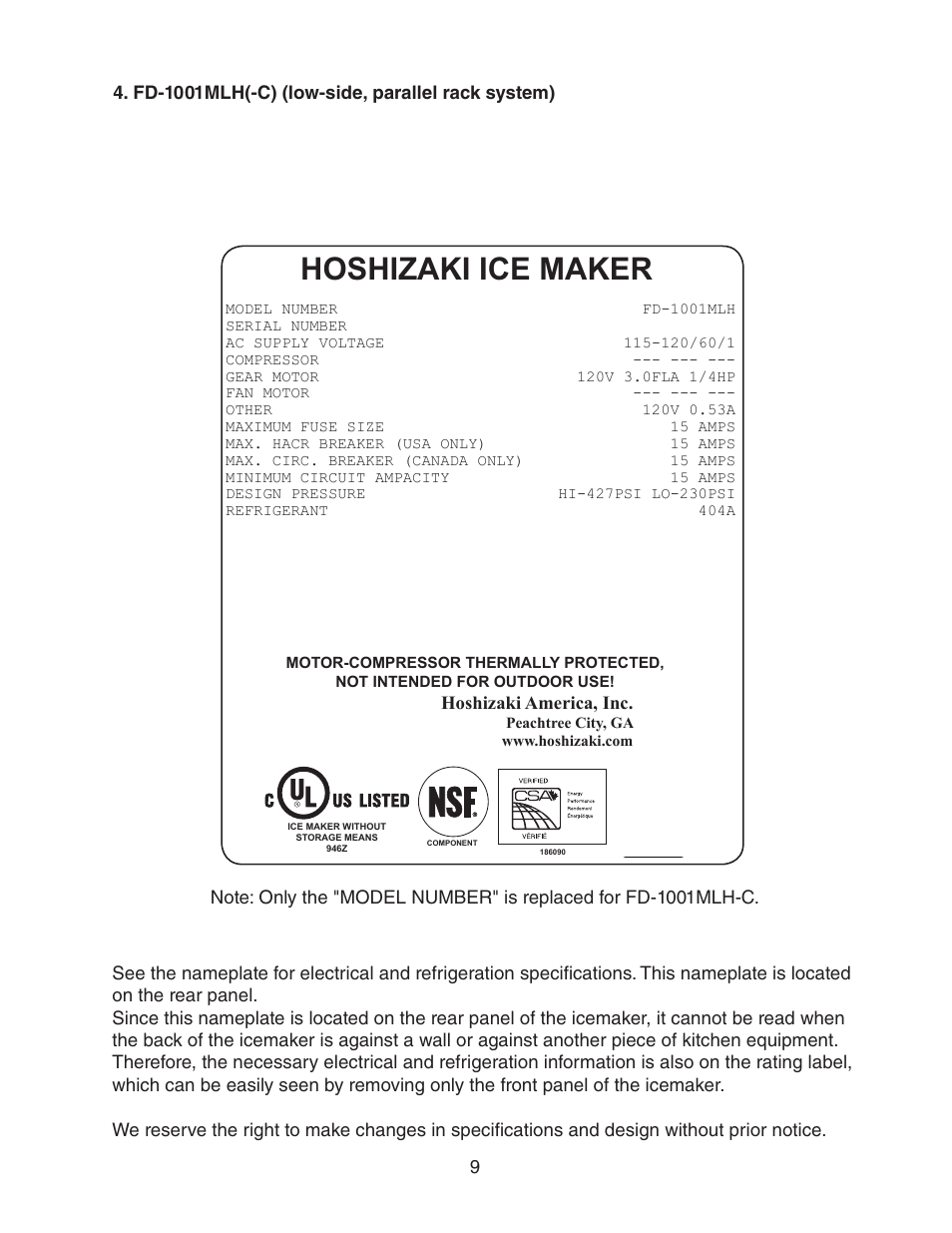 Fd-1001mlh(-c) (low-side, parallel rack system), Hoshizaki ice maker | Hoshizaki FD-1001MRH(-C) User Manual | Page 9 / 44