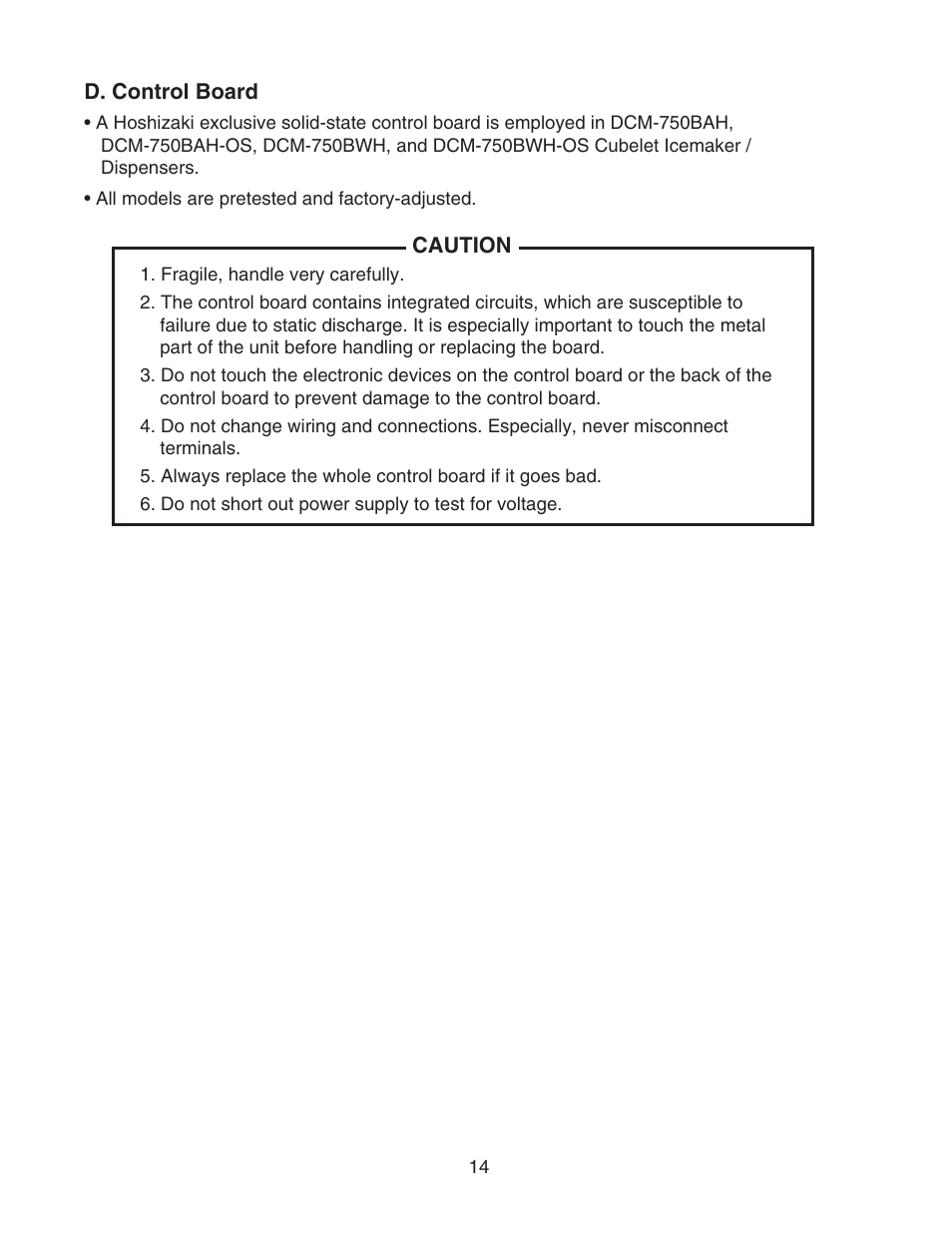D. control board | Hoshizaki CUBELET ICEMAKER/DISPENSER DCM-750BAH-OS User Manual | Page 14 / 69