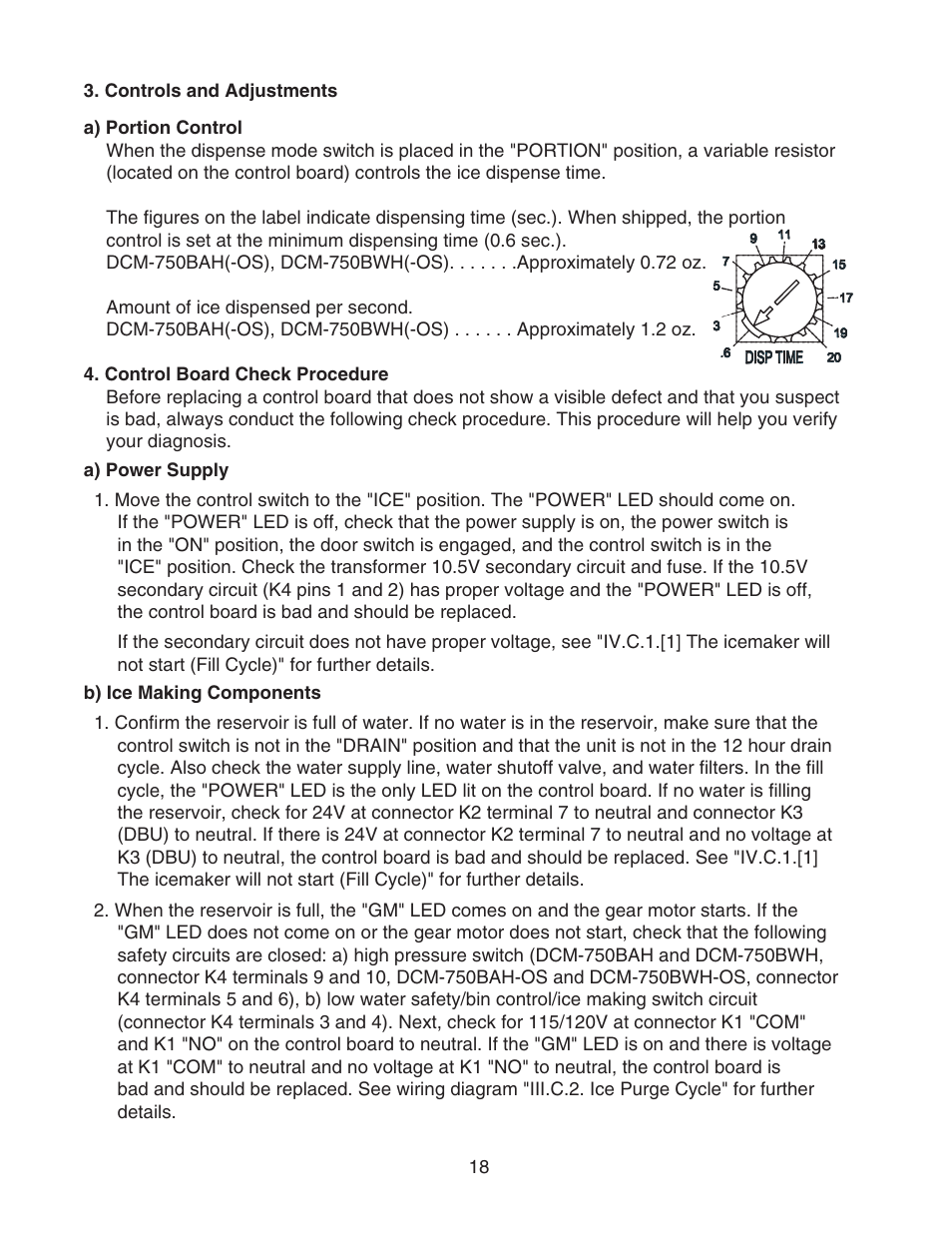 Controls and adjustments, Control board check procedure | Hoshizaki CUBELET ICEMAKER/DISPENSER DCM-750BAH-OS User Manual | Page 18 / 69