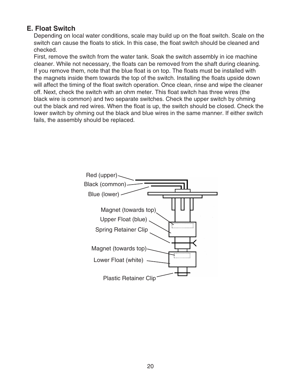 E. float switch | Hoshizaki CUBELET ICEMAKER/DISPENSER DCM-750BAH-OS User Manual | Page 20 / 69