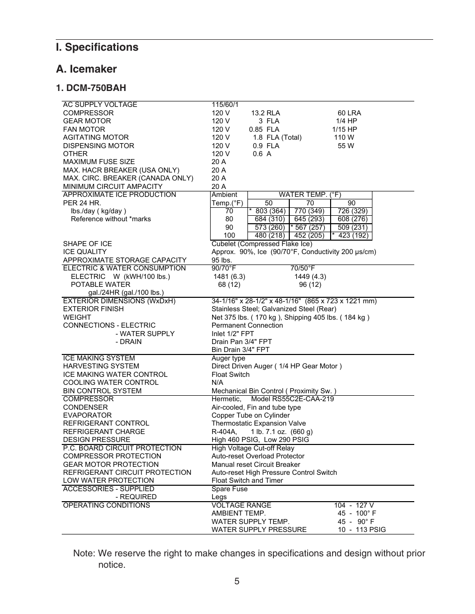 I. specifications, A. icemaker, Dcm-750bah | I. specifications a. icemaker | Hoshizaki CUBELET ICEMAKER/DISPENSER DCM-750BAH-OS User Manual | Page 5 / 69