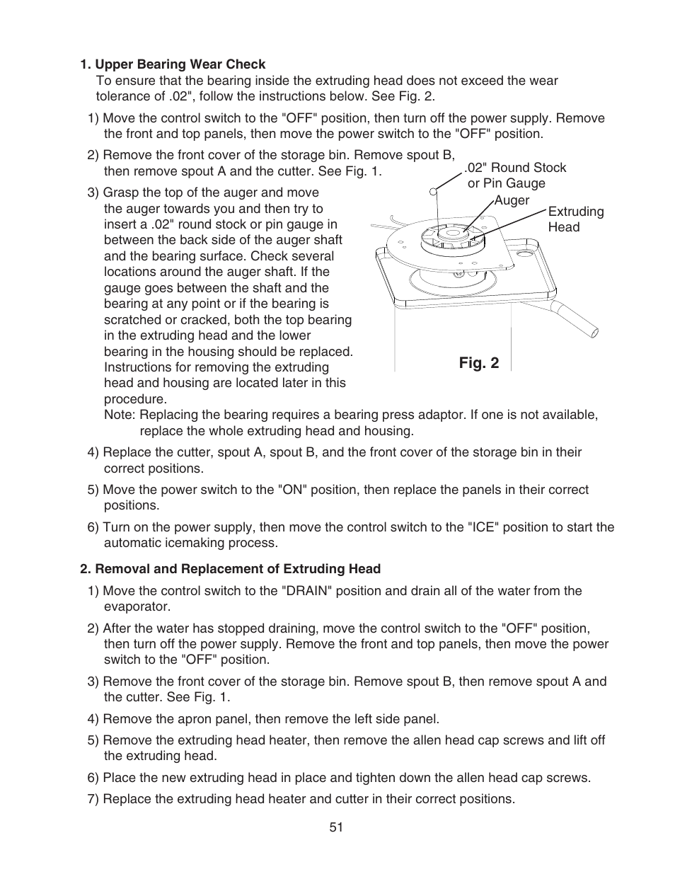 Upper bearing wear check, Removal and replacement of extruding head | Hoshizaki CUBELET ICEMAKER/DISPENSER DCM-750BAH-OS User Manual | Page 51 / 69