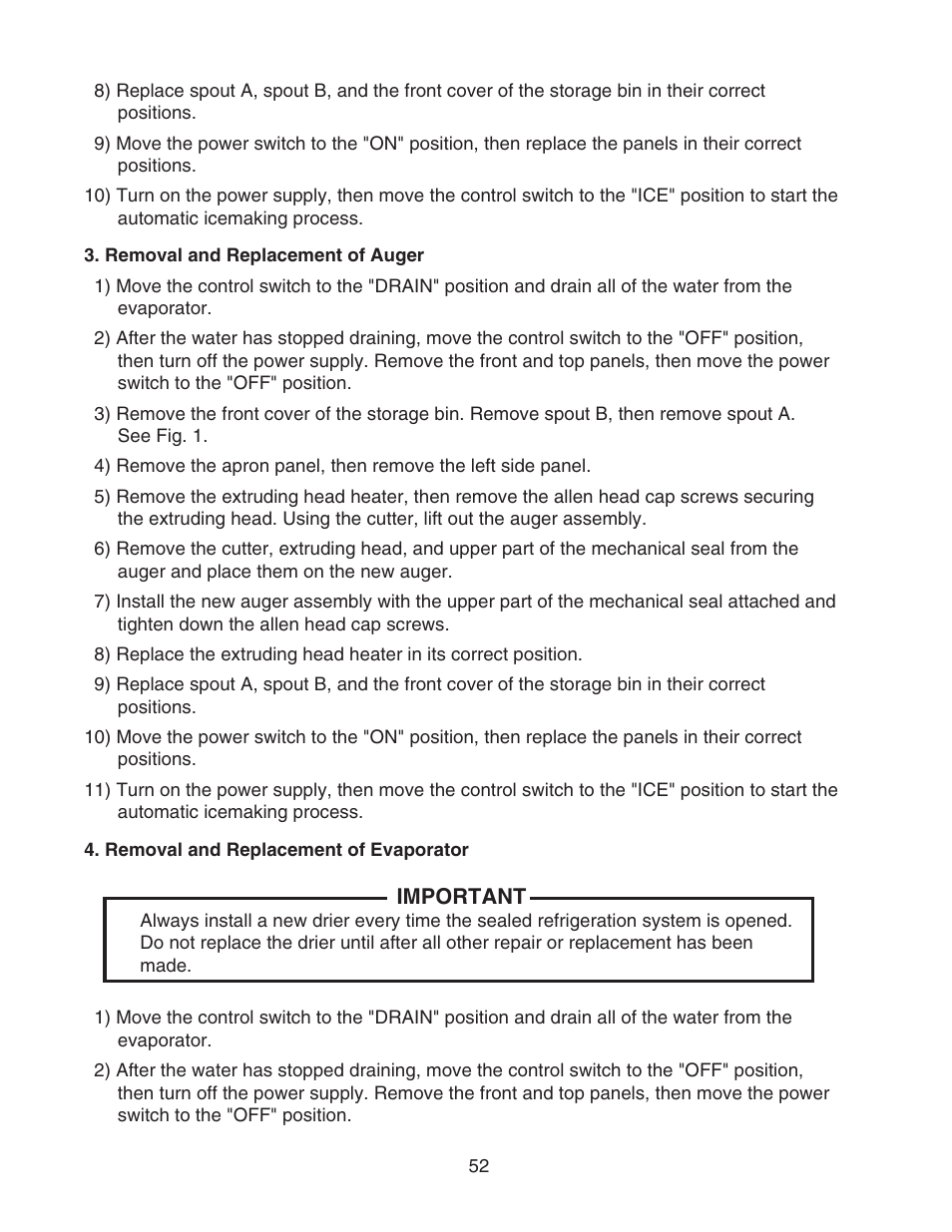 Removal and replacement of auger, Removal and replacement of evaporator | Hoshizaki CUBELET ICEMAKER/DISPENSER DCM-750BAH-OS User Manual | Page 52 / 69