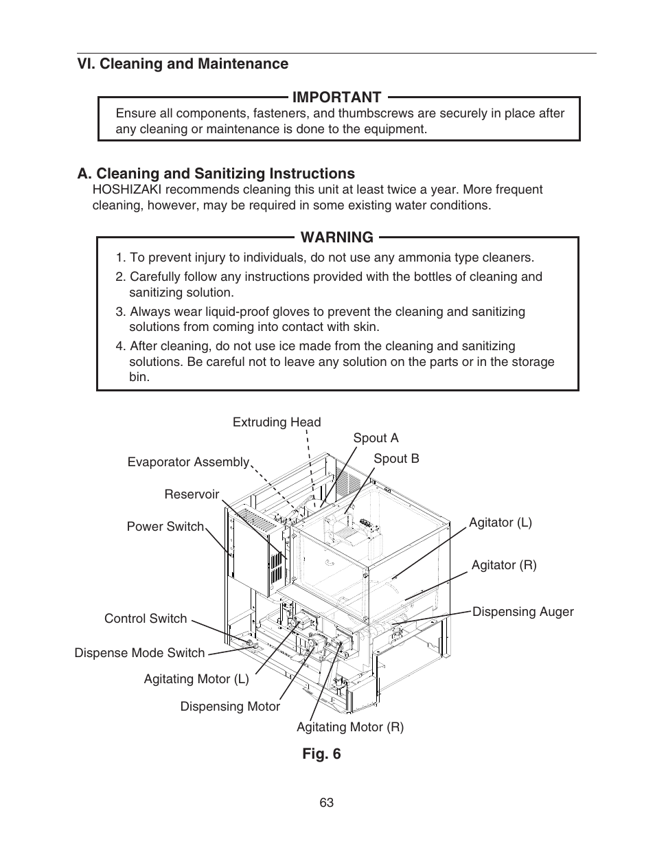 Vi. cleaning and maintenance, A. cleaning and sanitizing instructions | Hoshizaki CUBELET ICEMAKER/DISPENSER DCM-750BAH-OS User Manual | Page 63 / 69