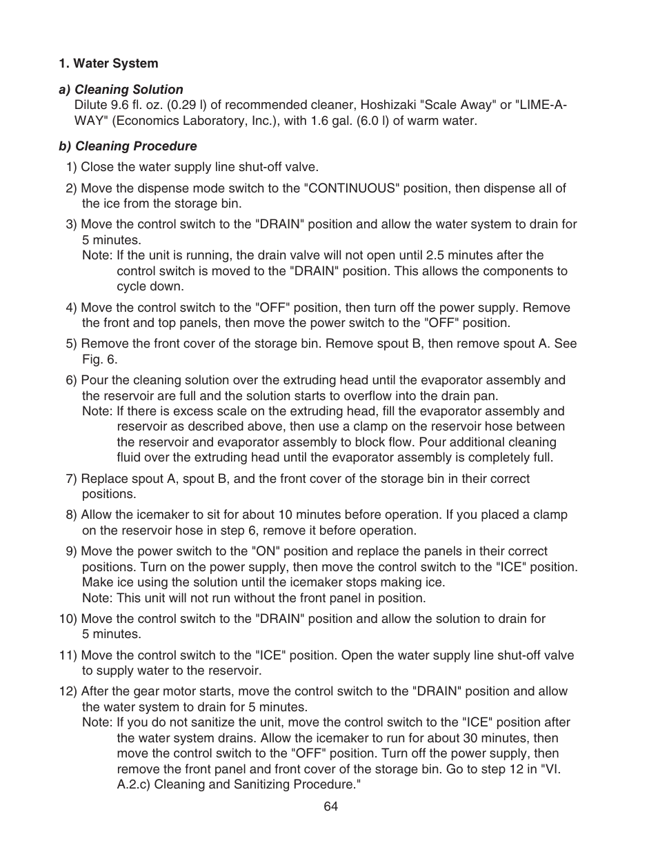 Water system, A) cleaning solution, B) cleaning procedure | A) cleaning solution b) cleaning procedure | Hoshizaki CUBELET ICEMAKER/DISPENSER DCM-750BAH-OS User Manual | Page 64 / 69
