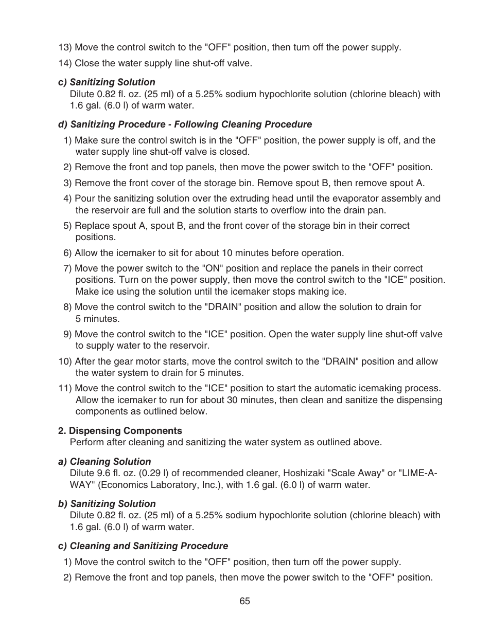 C) sanitizing solution, Dispensing components, A) cleaning solution | B) sanitizing solution, C) cleaning and sanitizing procedure | Hoshizaki CUBELET ICEMAKER/DISPENSER DCM-750BAH-OS User Manual | Page 65 / 69