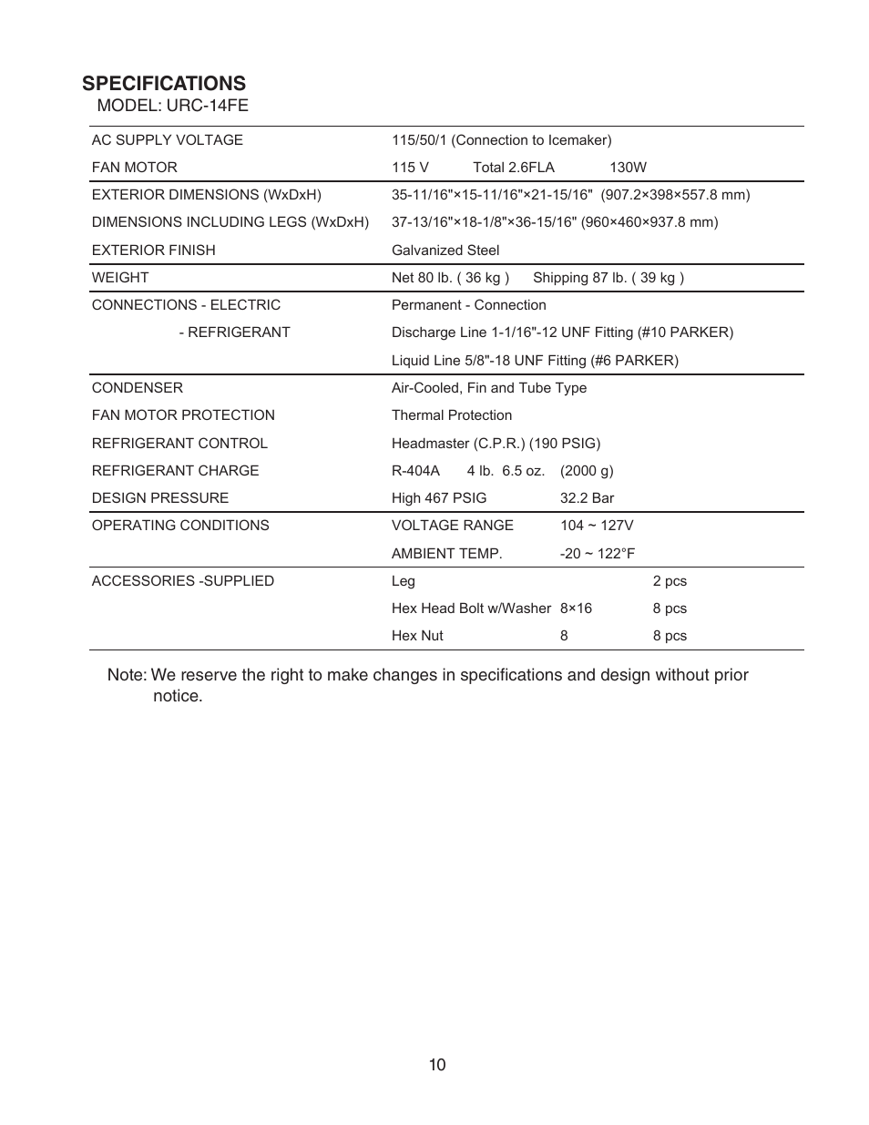 Specifications | Hoshizaki STACKABLE CRESCENT CUBER KM-1301SAH-E User Manual | Page 10 / 59