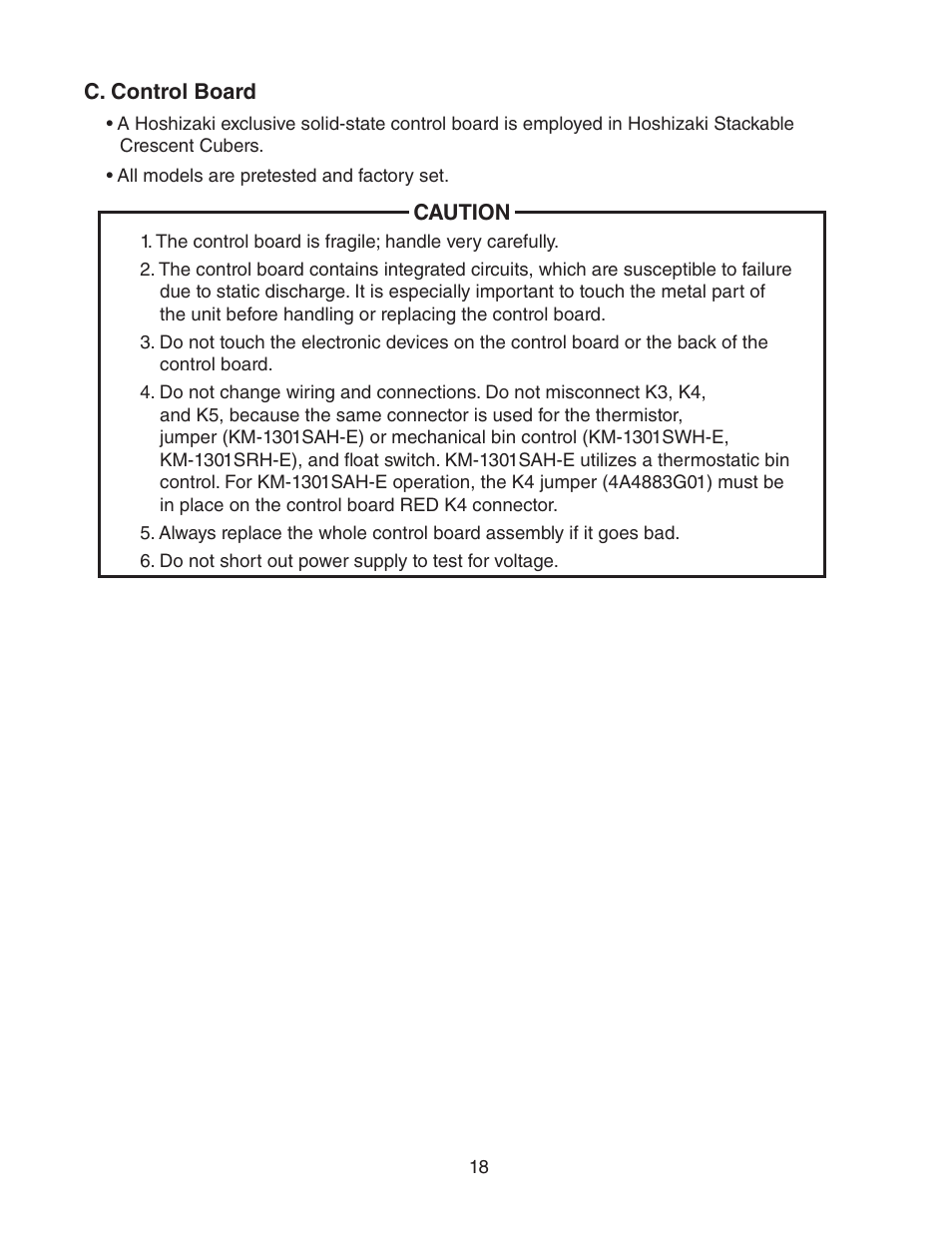 C. control board | Hoshizaki STACKABLE CRESCENT CUBER KM-1301SAH-E User Manual | Page 18 / 59