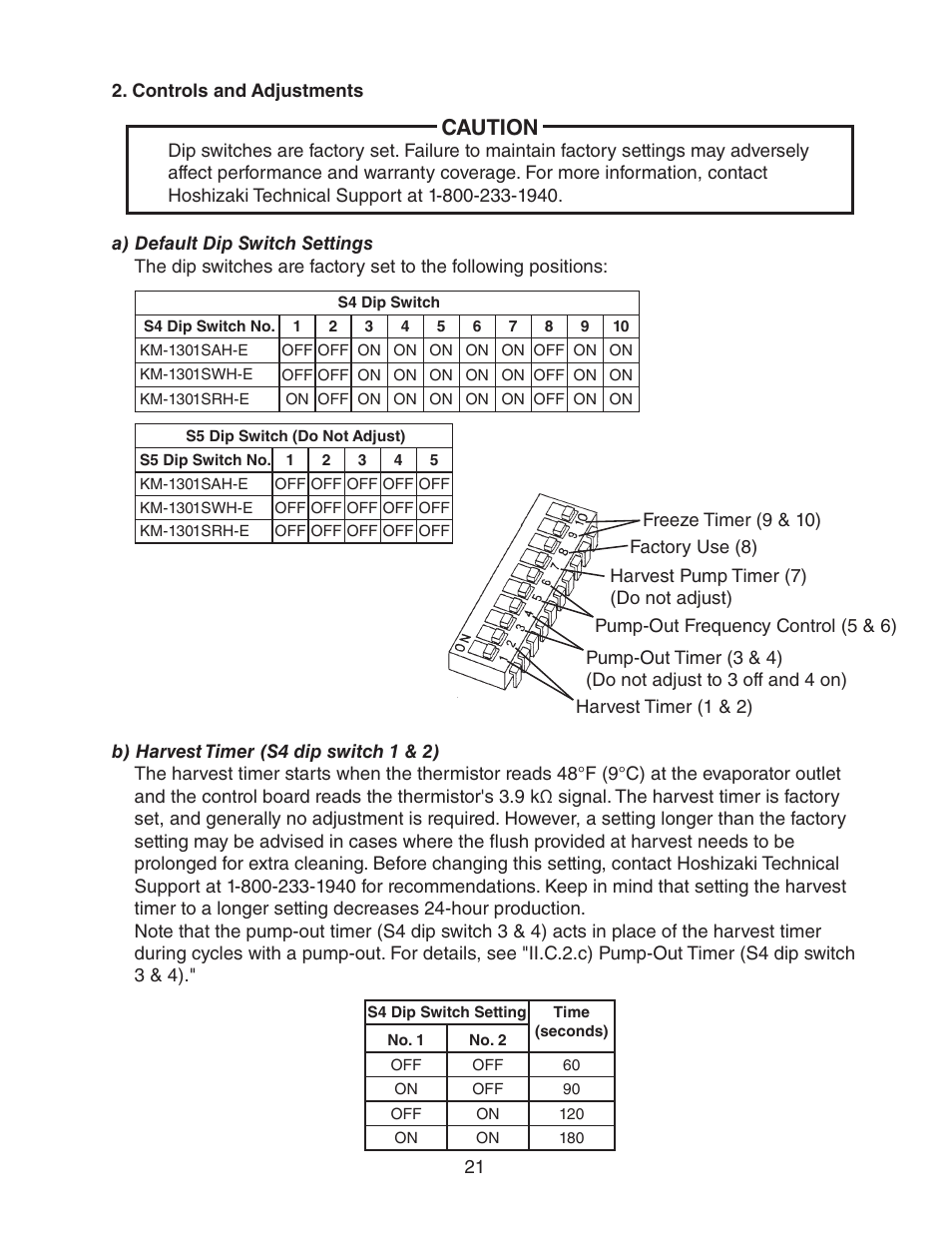Controls and adjustments, A) default dip switch settings, B) harvest timer (s4 dip switch 1 & 2) | Caution | Hoshizaki STACKABLE CRESCENT CUBER KM-1301SAH-E User Manual | Page 21 / 59