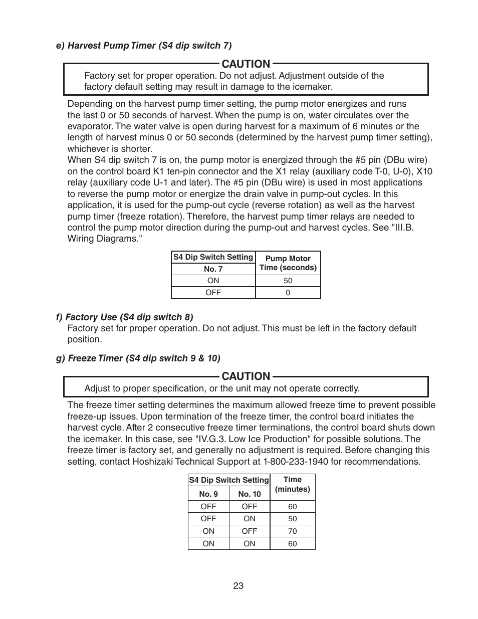 E) harvest pump timer (s4 dip switch 7), F) factory use (s4 dip switch 8), G) freeze timer (s4 dip switch 9 & 10) | Caution | Hoshizaki STACKABLE CRESCENT CUBER KM-1301SAH-E User Manual | Page 23 / 59
