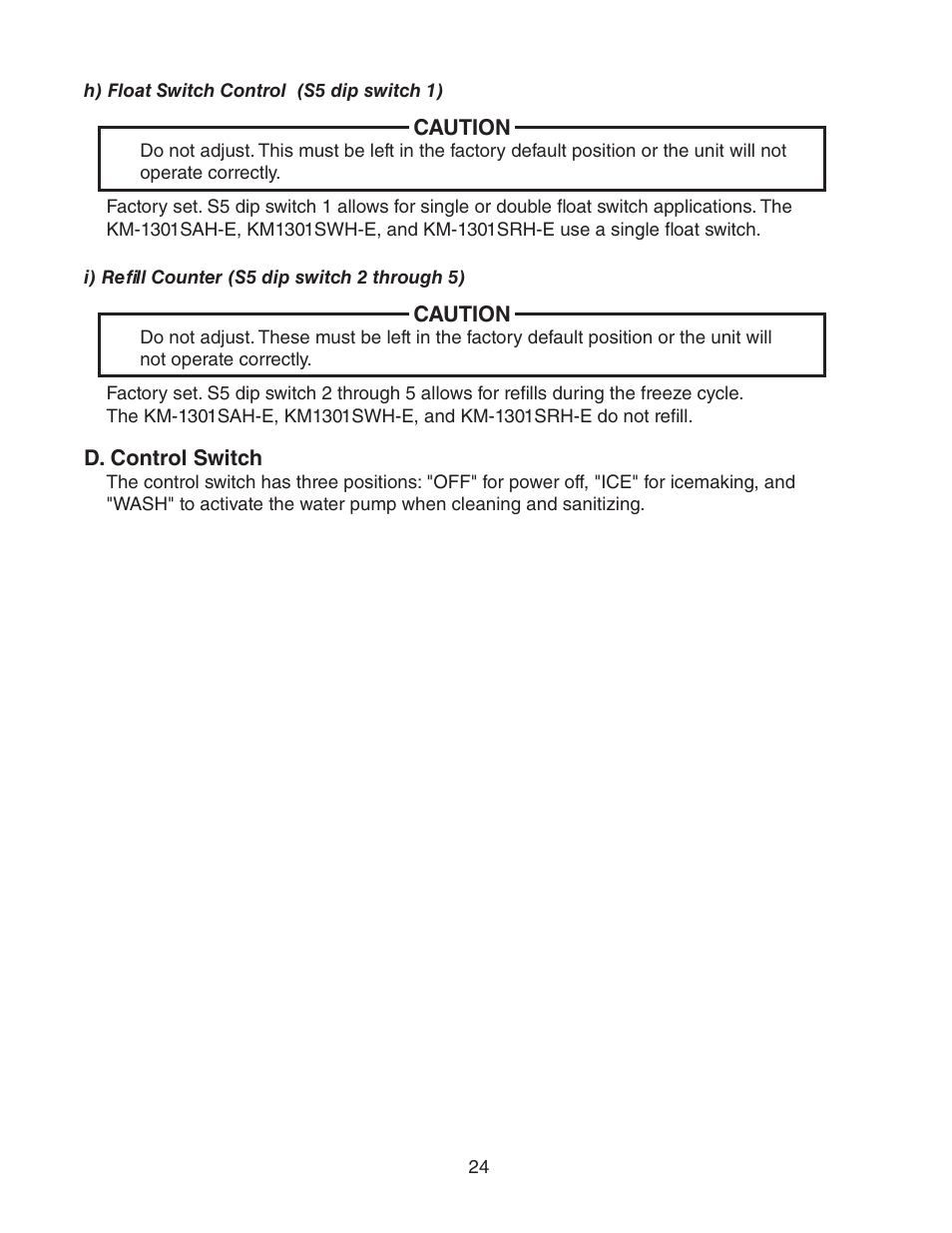 H) float switch control (s5 dip switch 1), I) refill counter (s5 dip switch 2 through 5), D. control switch | Hoshizaki STACKABLE CRESCENT CUBER KM-1301SAH-E User Manual | Page 24 / 59