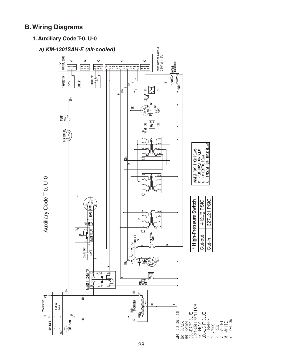 B. wiring diagrams, Auxiliary code t-0, u-0, A) km-1301sah-e (air-cooled) | Hoshizaki STACKABLE CRESCENT CUBER KM-1301SAH-E User Manual | Page 28 / 59
