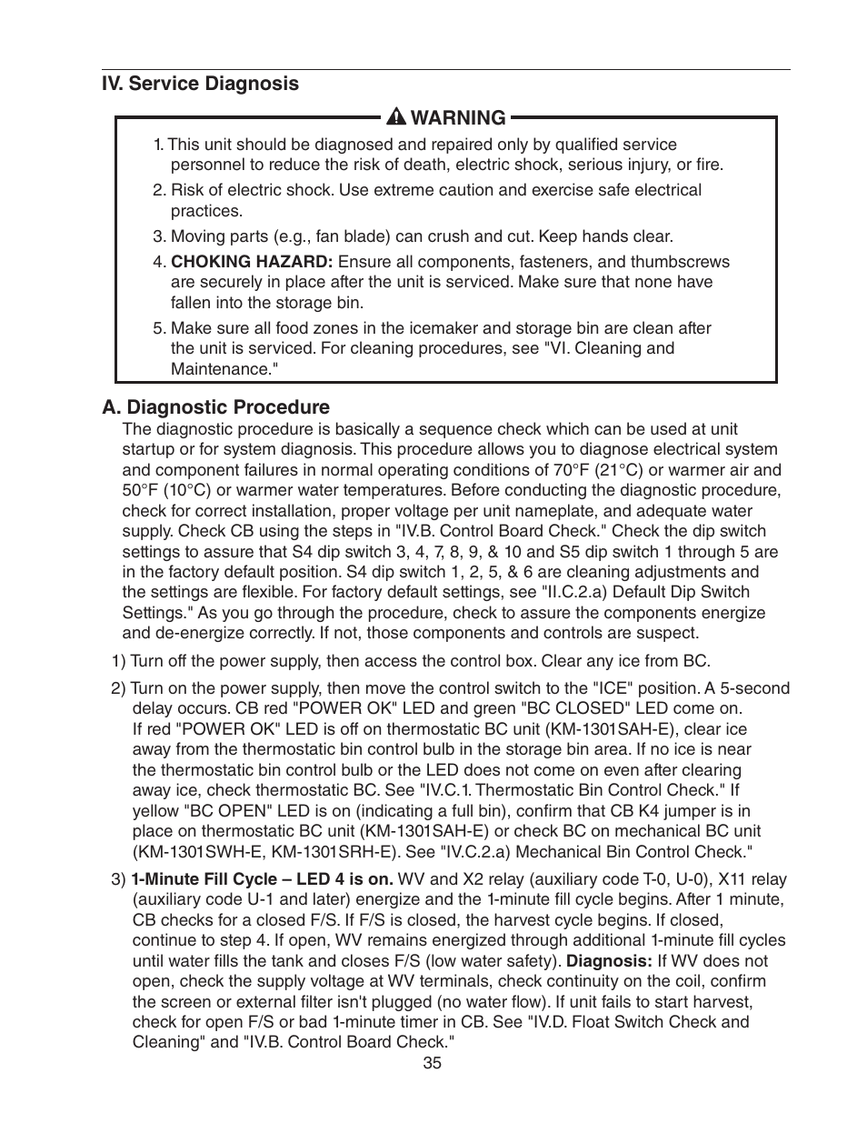 Iv. service diagnosis, A. diagnostic procedure | Hoshizaki STACKABLE CRESCENT CUBER KM-1301SAH-E User Manual | Page 35 / 59