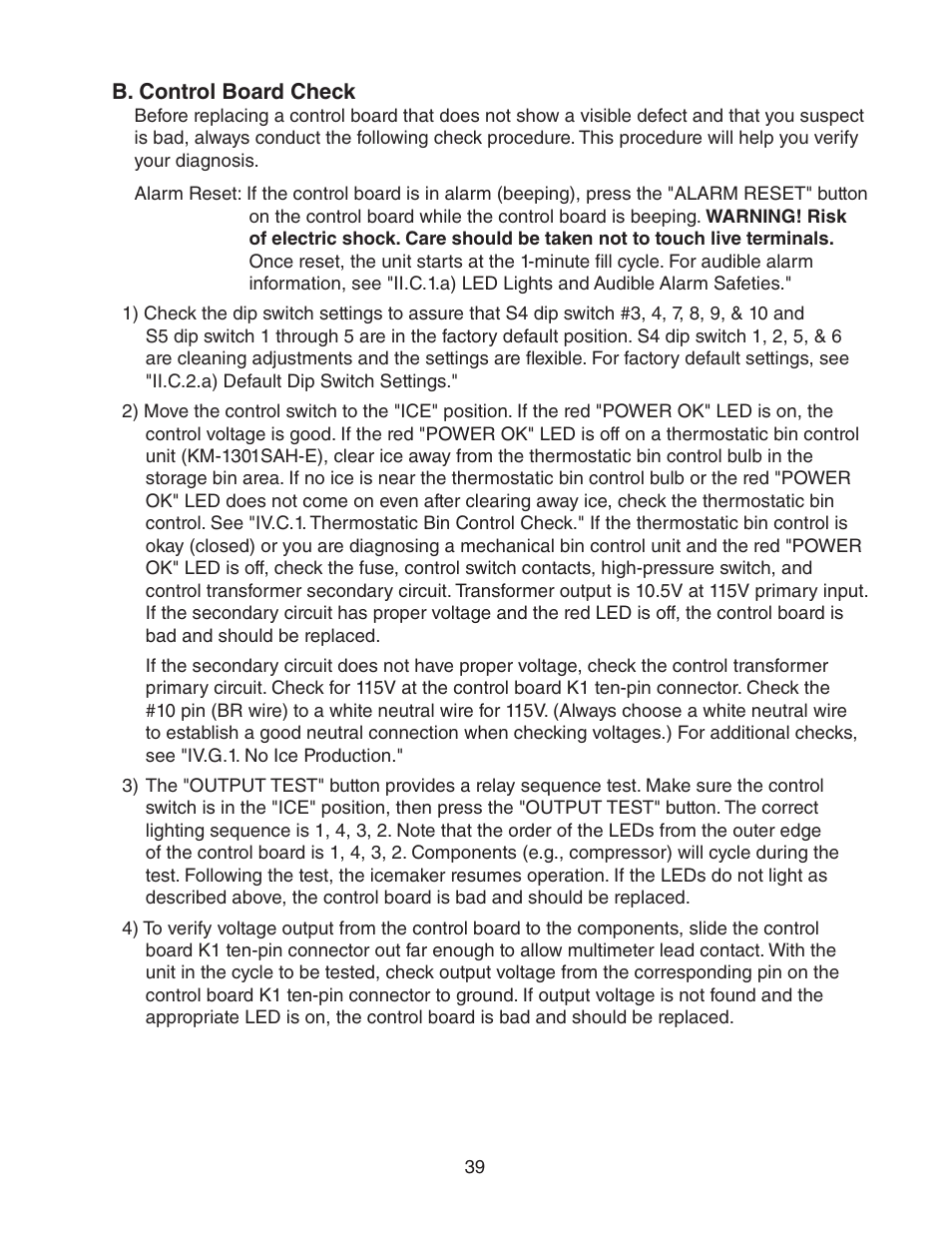 B. control board check | Hoshizaki STACKABLE CRESCENT CUBER KM-1301SAH-E User Manual | Page 39 / 59