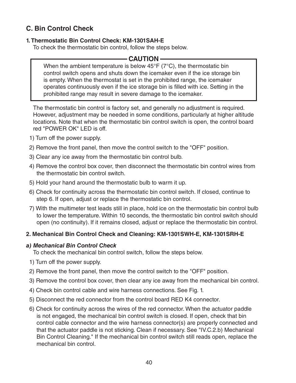 C. bin control check, Thermostatic bin control check: km-1301sah-e, A) mechanical bin control check | Hoshizaki STACKABLE CRESCENT CUBER KM-1301SAH-E User Manual | Page 40 / 59