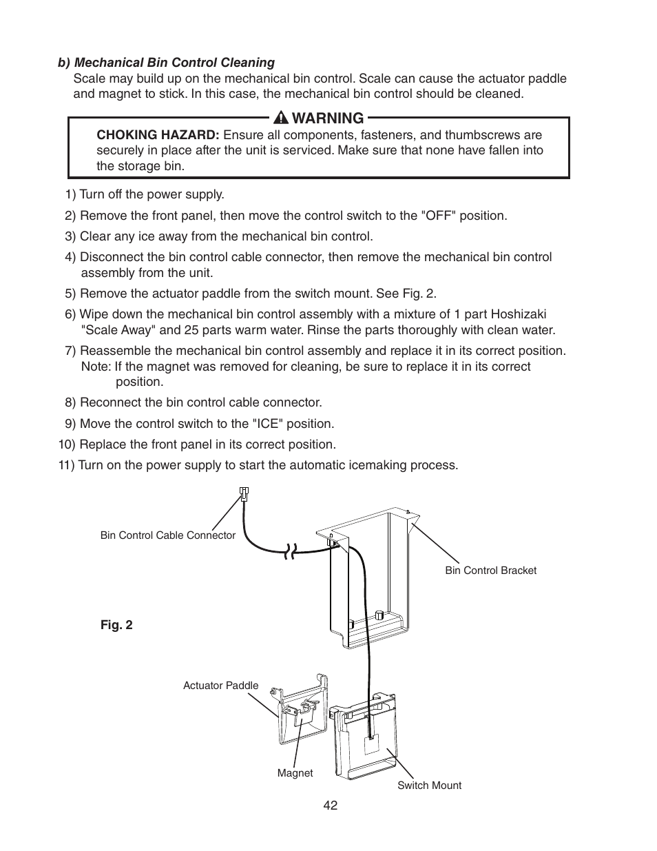 B) mechanical bin control cleaning, Warning | Hoshizaki STACKABLE CRESCENT CUBER KM-1301SAH-E User Manual | Page 42 / 59