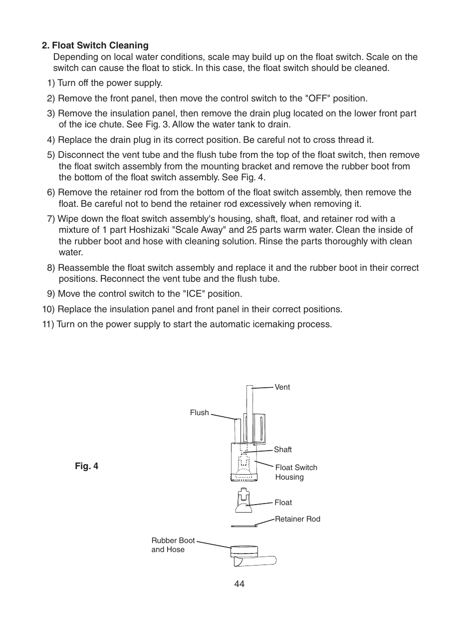 Float switch cleaning | Hoshizaki STACKABLE CRESCENT CUBER KM-1301SAH-E User Manual | Page 44 / 59