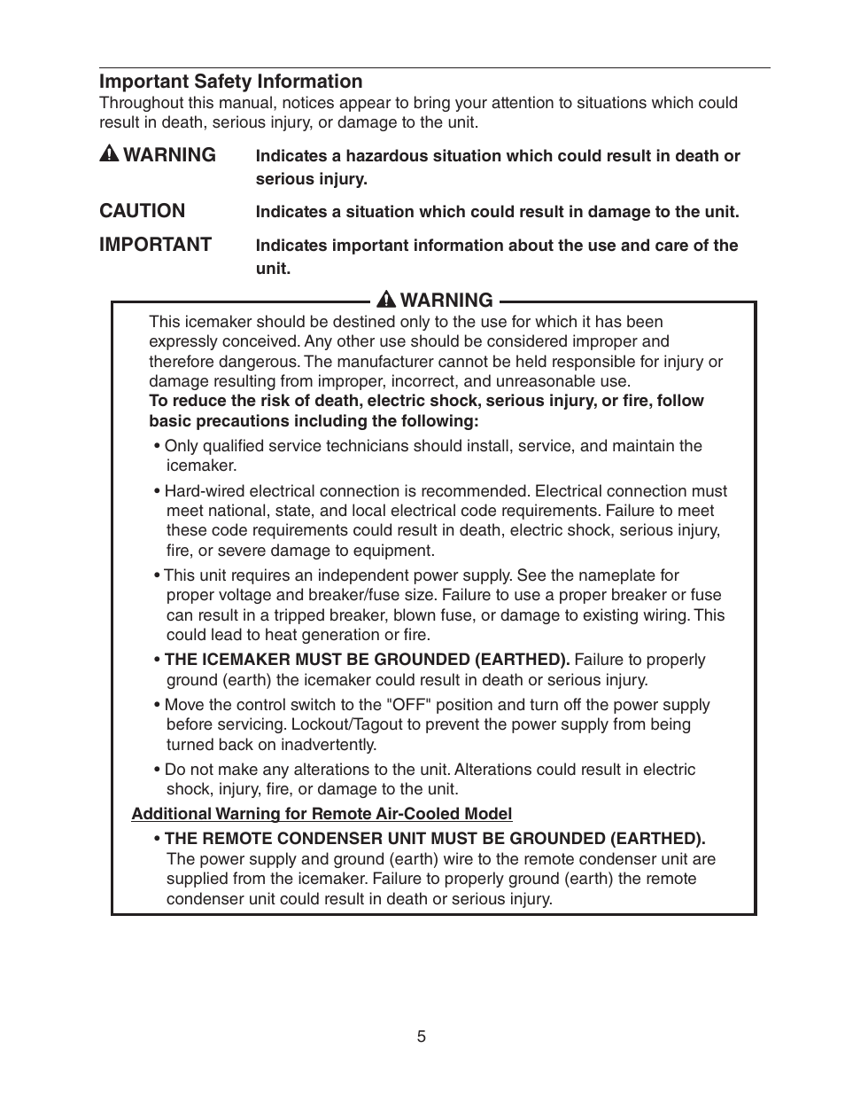 Important safety information | Hoshizaki STACKABLE CRESCENT CUBER KM-1301SAH-E User Manual | Page 5 / 59