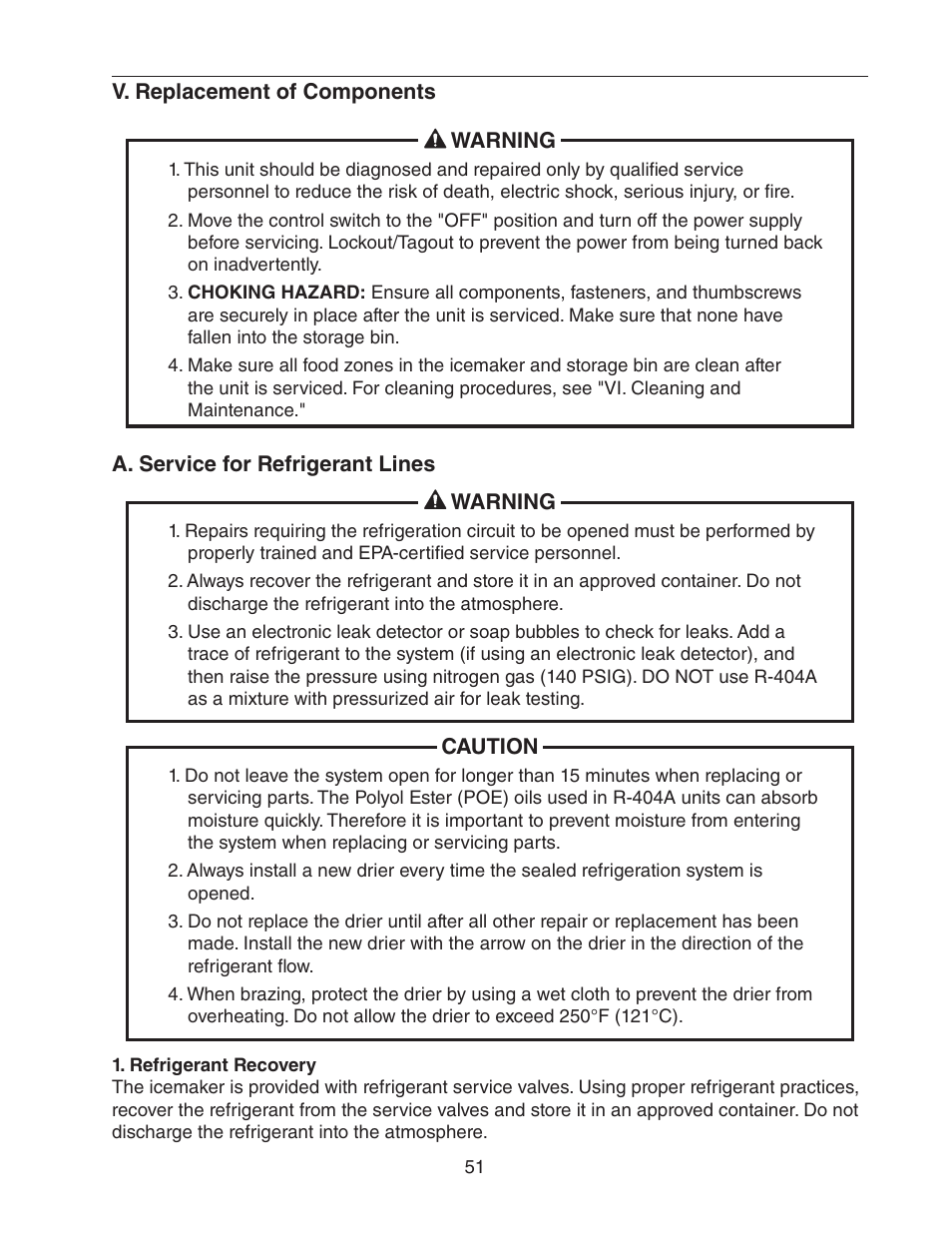 V. replacement of components, A. service for refrigerant lines, Refrigerant recovery | Hoshizaki STACKABLE CRESCENT CUBER KM-1301SAH-E User Manual | Page 51 / 59