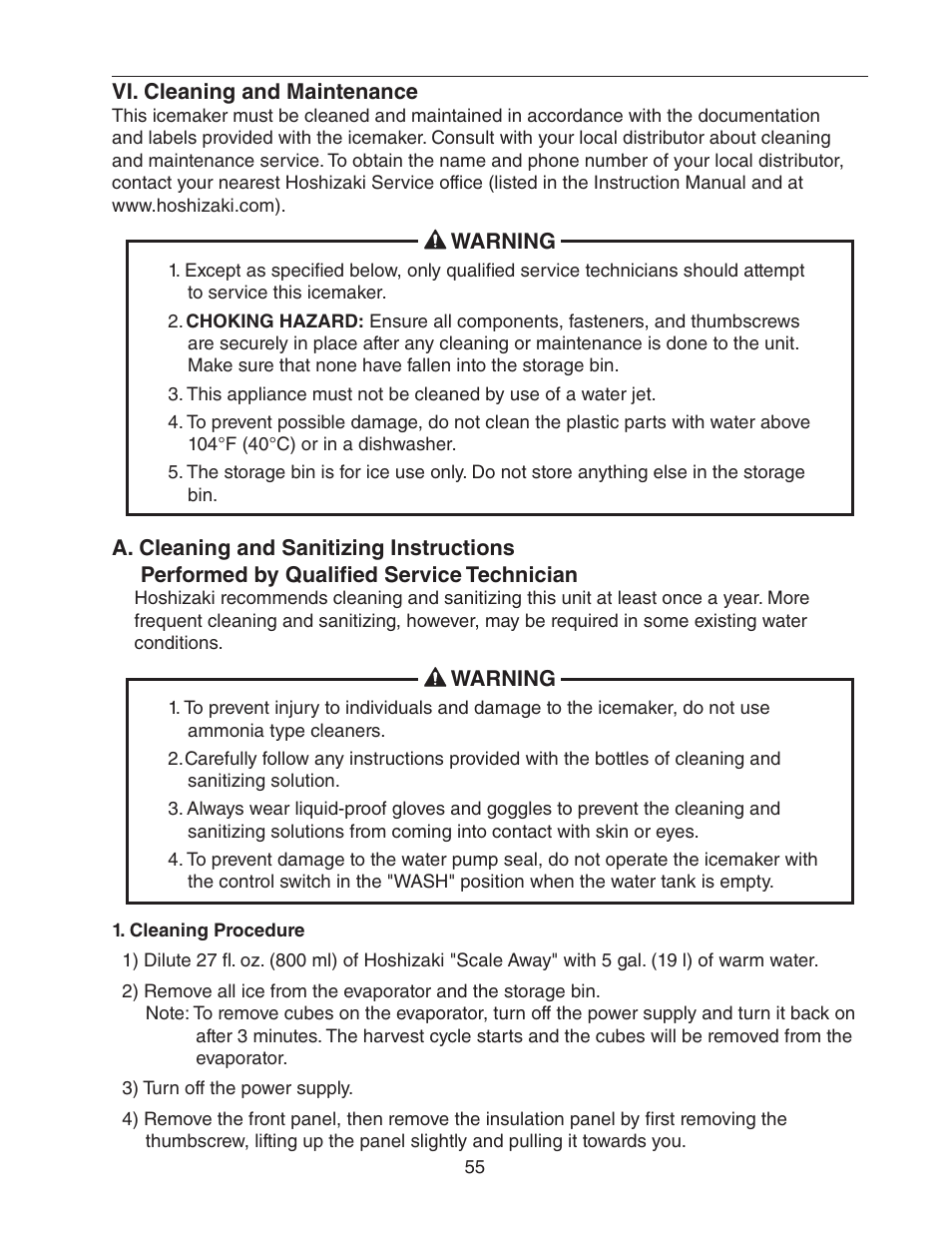 Vi. cleaning and maintenance, A. cleaning and sanitizing instructions, Cleaning procedure | Hoshizaki STACKABLE CRESCENT CUBER KM-1301SAH-E User Manual | Page 55 / 59