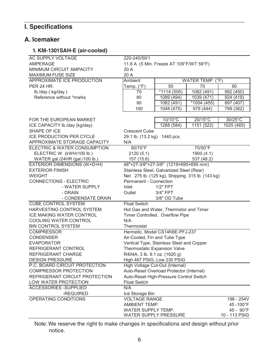 I. specifications, A. icemaker, Km-1301sah-e (air-cooled) | I. specifications a. icemaker | Hoshizaki STACKABLE CRESCENT CUBER KM-1301SAH-E User Manual | Page 6 / 59