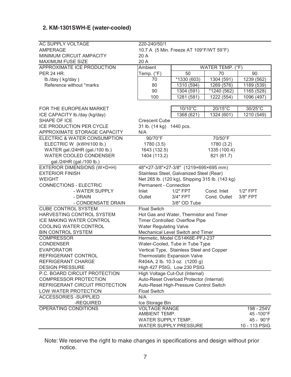 Km-1301swh-e (water-cooled) | Hoshizaki STACKABLE CRESCENT CUBER KM-1301SAH-E User Manual | Page 7 / 59