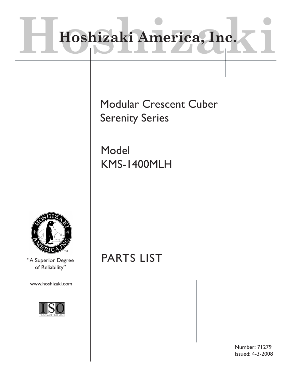 Hoshizaki MODULAR CRESCENT CUBER SERENITY SERIES KMS-1400MLH User Manual | 21 pages