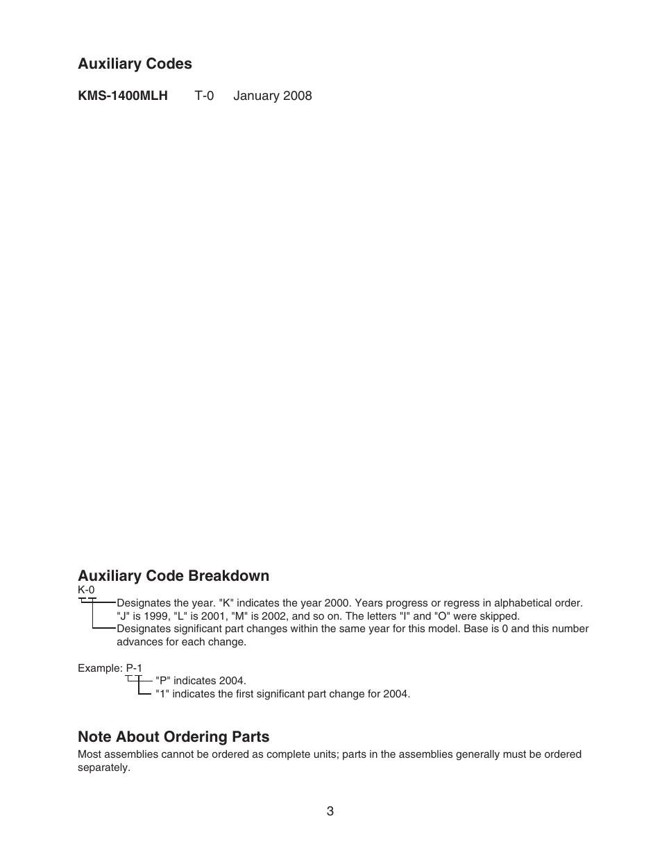 Auxiliary codes, Note about ordering parts, Auxiliary codes note about ordering parts | Auxiliary code breakdown | Hoshizaki MODULAR CRESCENT CUBER SERENITY SERIES KMS-1400MLH User Manual | Page 3 / 21