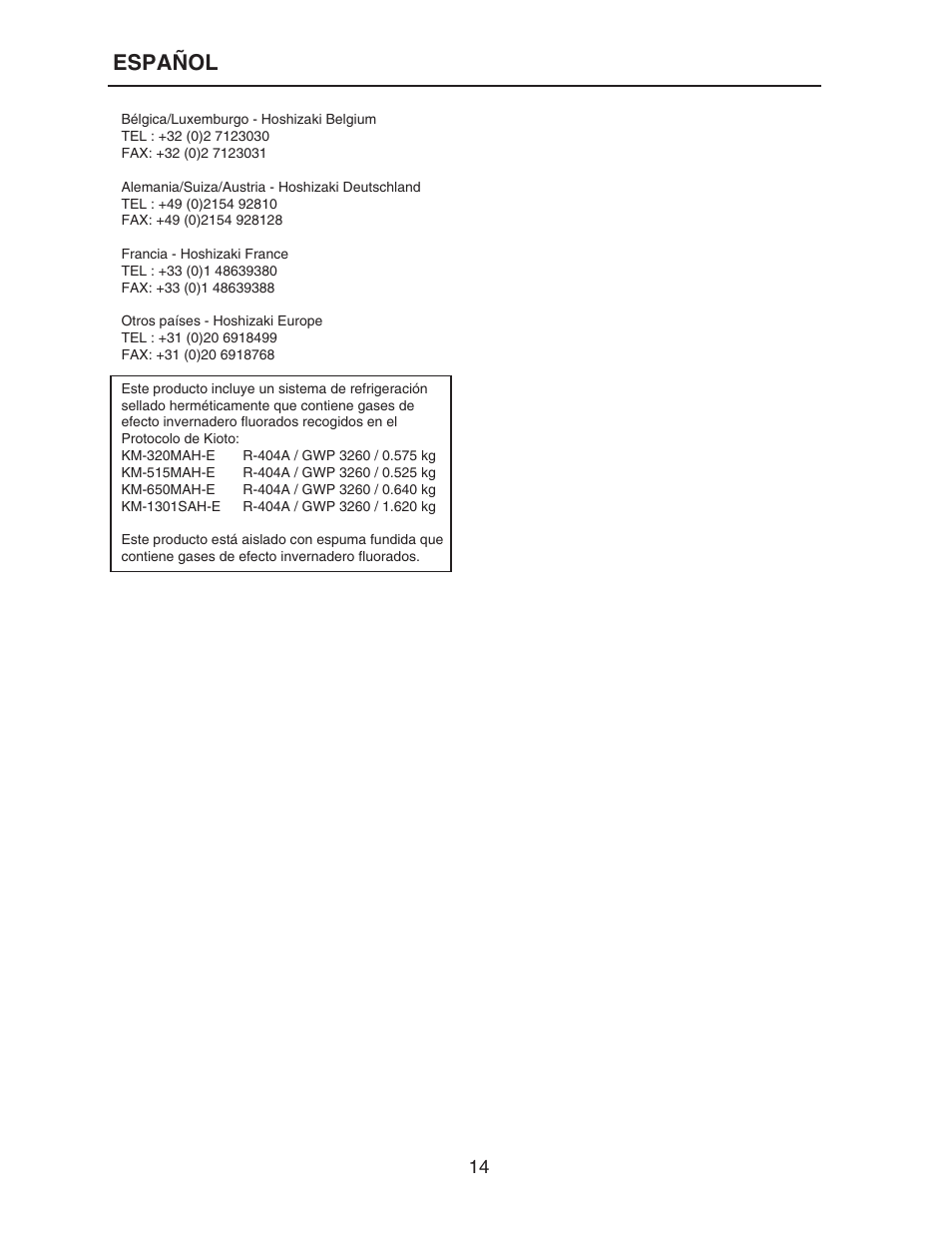 Español | Hoshizaki KM-515MAH-E User Manual | Page 14 / 30