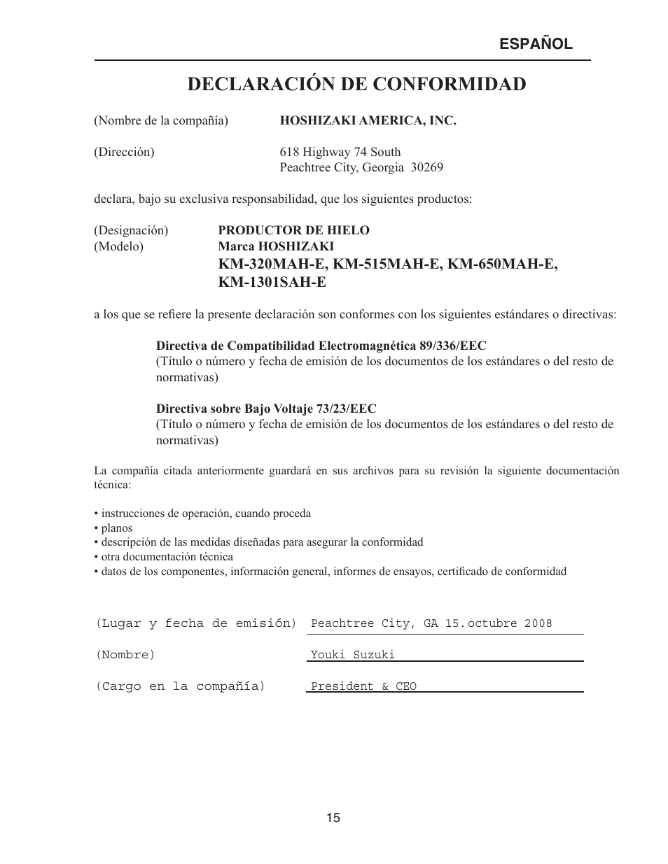 Declaración de conformidad | Hoshizaki KM-515MAH-E User Manual | Page 15 / 30