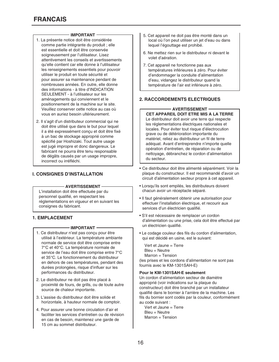 Francais | Hoshizaki KM-515MAH-E User Manual | Page 16 / 30